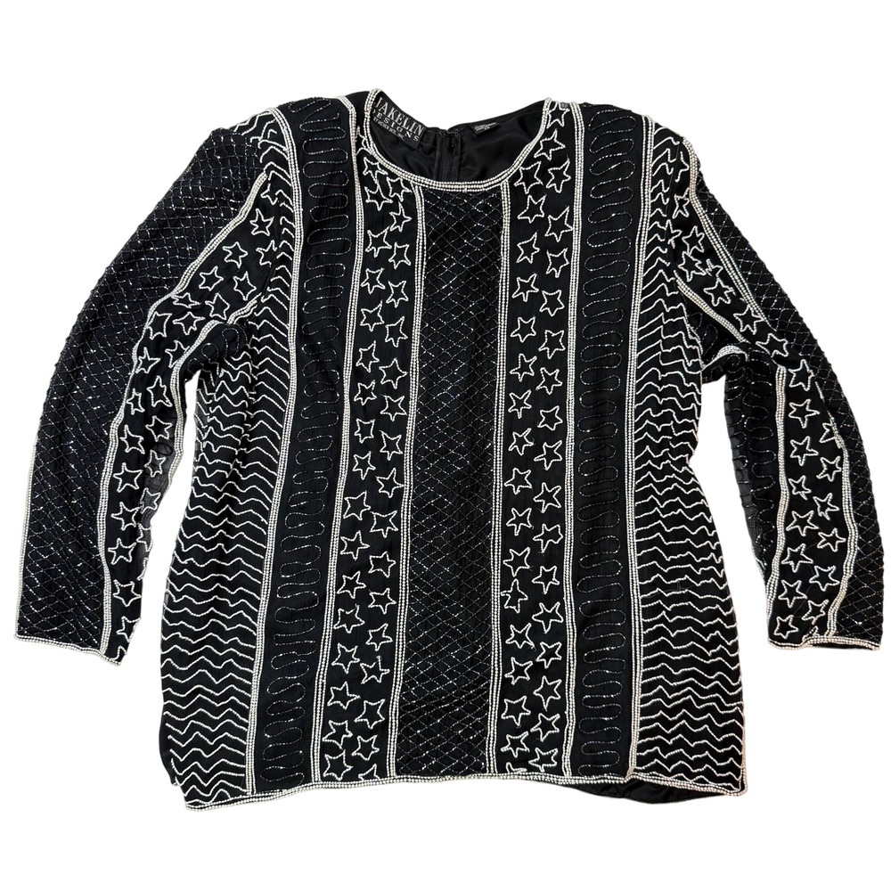 Vintage Jaxelin Silk Beaded Top 90s Black Embellished Blouse 2X